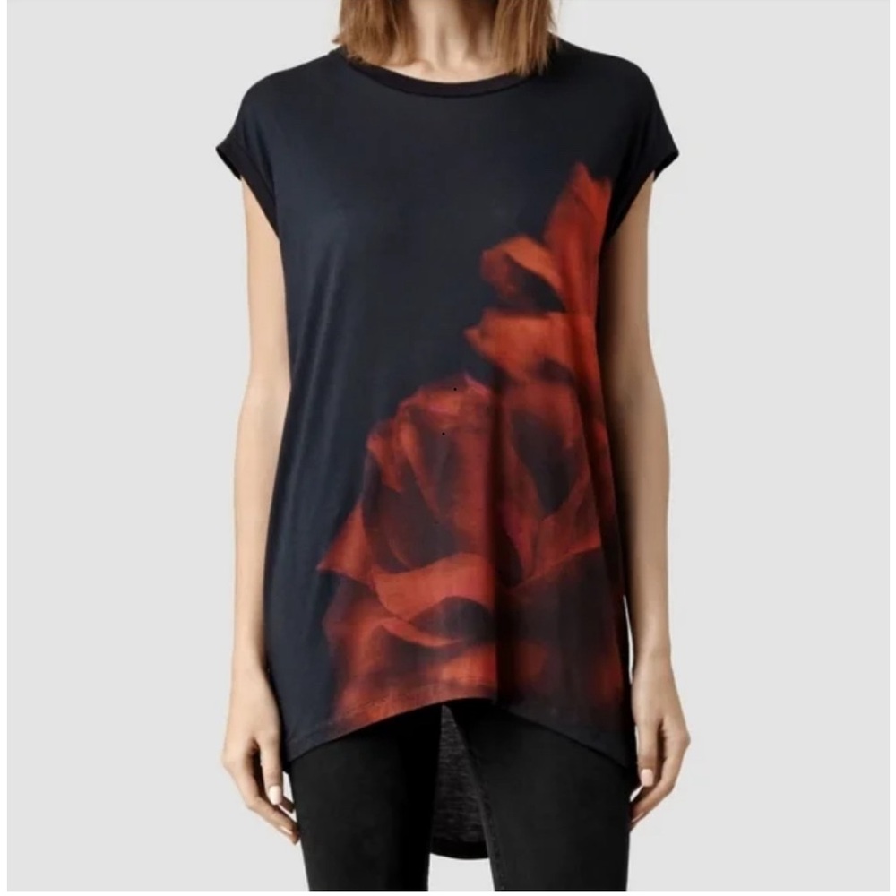 Black Tee with Red Floral Print - Women's Relaxed Top
